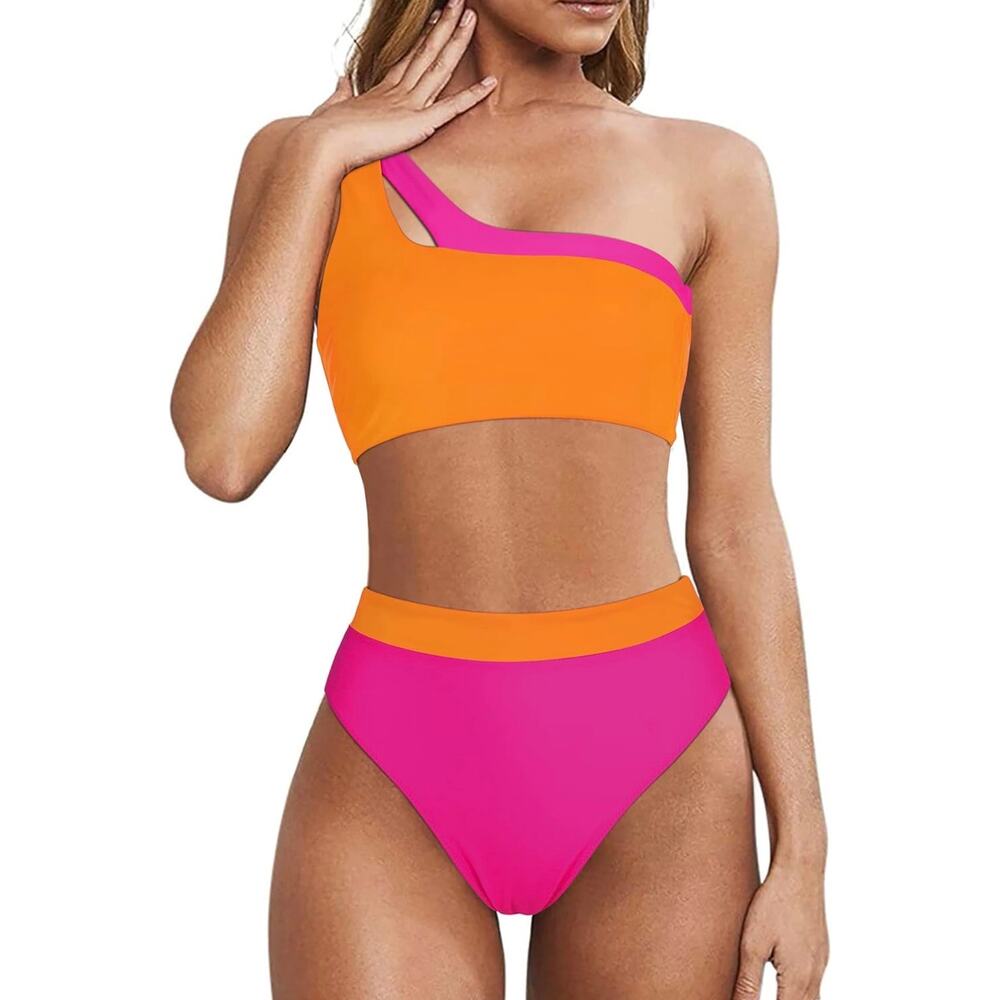 Mooslover One Shoulder Neon Colorblock Two Piece Swimsuit New S